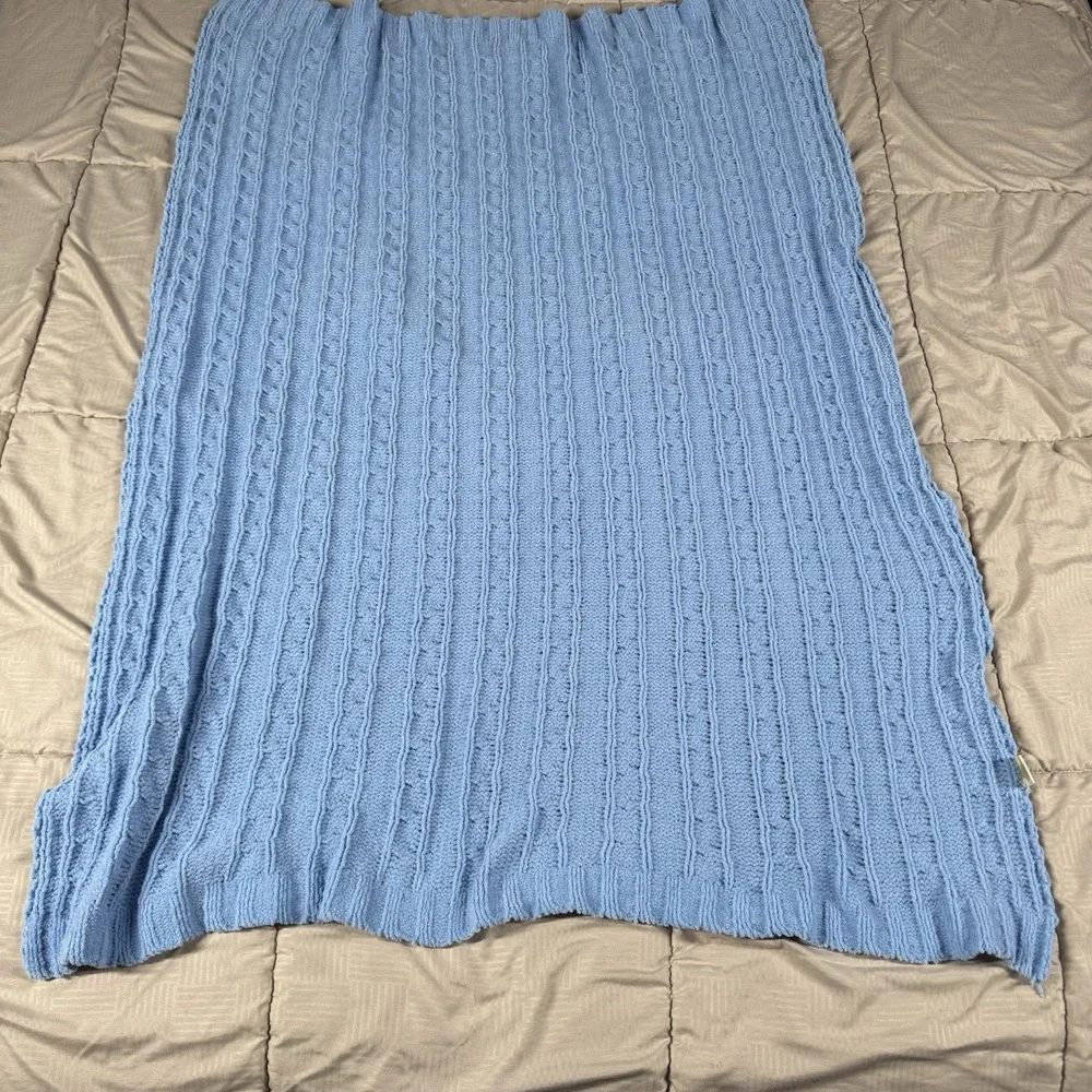 Nordstrom Baby Blue Soft Chenille Cable Knit Crib Security Lovey Blanket 30x40